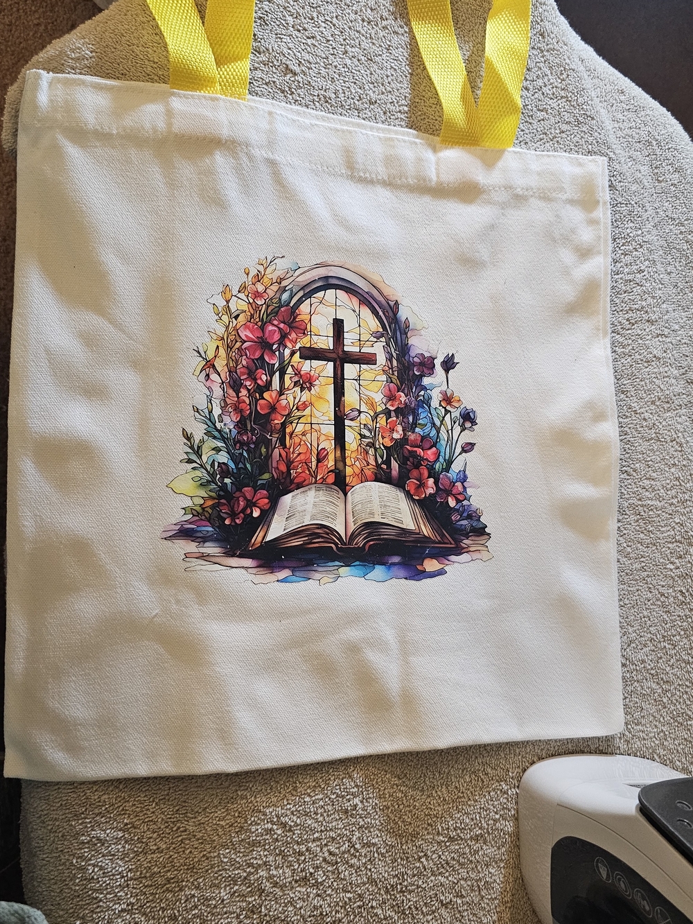 Floral Cross Canvas Tote Bag with Yellow Handles